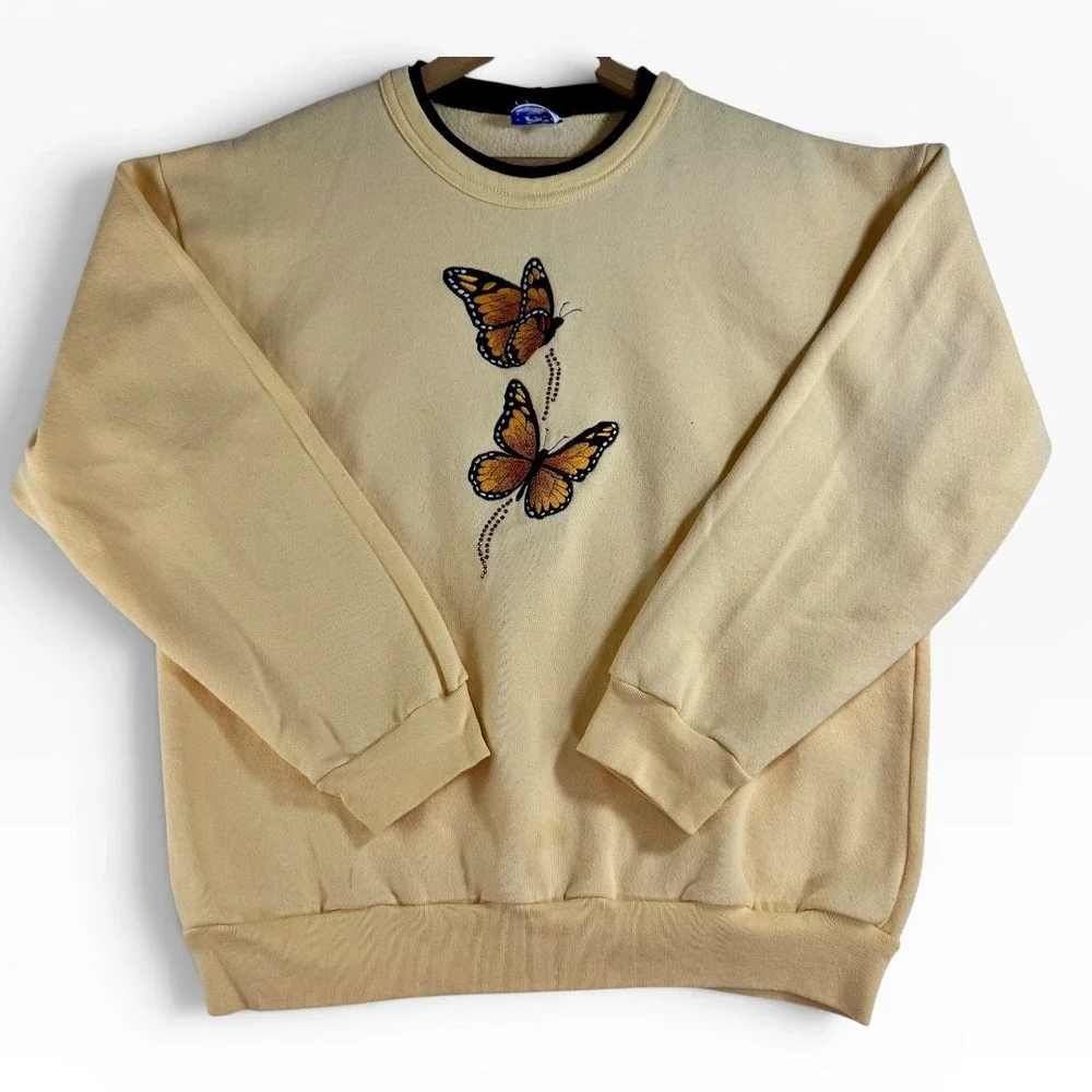 Womens Pale Yellow Butterfly Embroidered Crewneck Sweatshirt Rhinestone Sz L - Picture 2 of 11